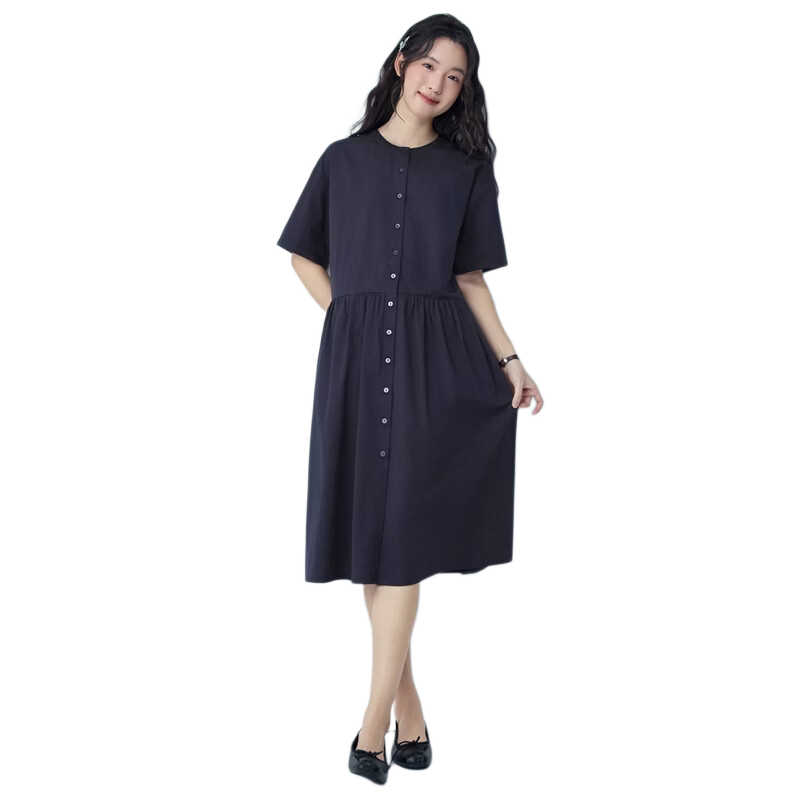 Giordano Women's Short Sleeve Dress 2026 Summer Pure Cotton Solid Color Patchwork Pleated Round Neck Dress 13466230