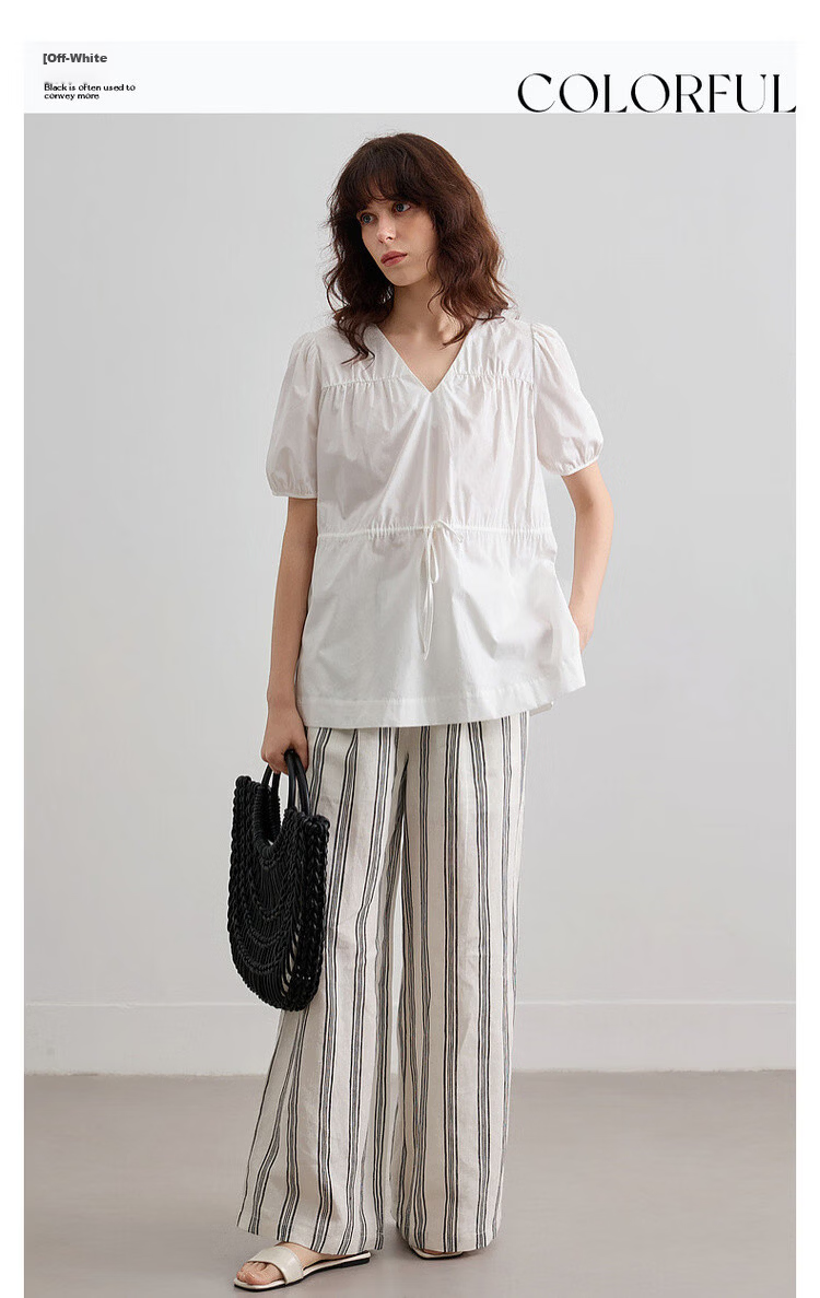 Demana Pure Cotton Light Life Summer Minimalist V-Neck Drawstring Shirt Loose Comfortable Short Sleeve Blouse Women's Top 3