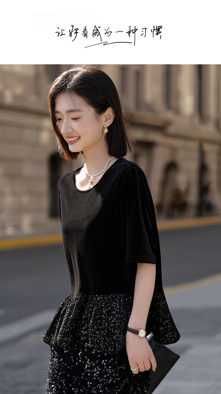Demana Velvet Glow Black Rose Spring Vintage Modern Round Neck Loose Sequin Ruffle Petite Women's Shirt 1