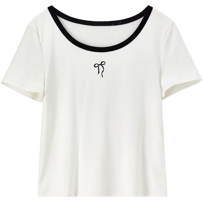 Shangdu Bila Colorblock U-Neck Cotton Blend T-Shirt Women Spring Bow Embroidery Stretch Knit Top Gentle Youthful Temperament Layering