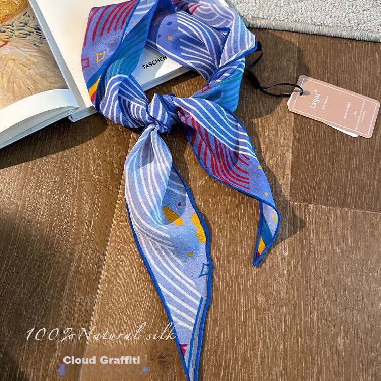 Lagur Cloud Graffiti Blue Healing Hand-Painted Original Summer Silk Scarf Triangle Scarf Women Cloud Graffiti