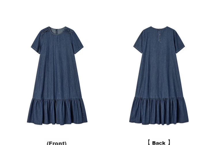 Demana Natural Cloud Oxygen Cotton Summer Vintage Casual Washed Round Neck Ruffle A-Line Slimming Women's Denim Dress 20