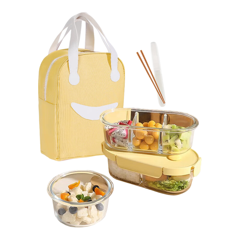 Xilekou Cilock Glass Lunch Box for Office Workers, Microwave-Safe Food Container, Large Capacity Insulated Box Set of Four Pieces