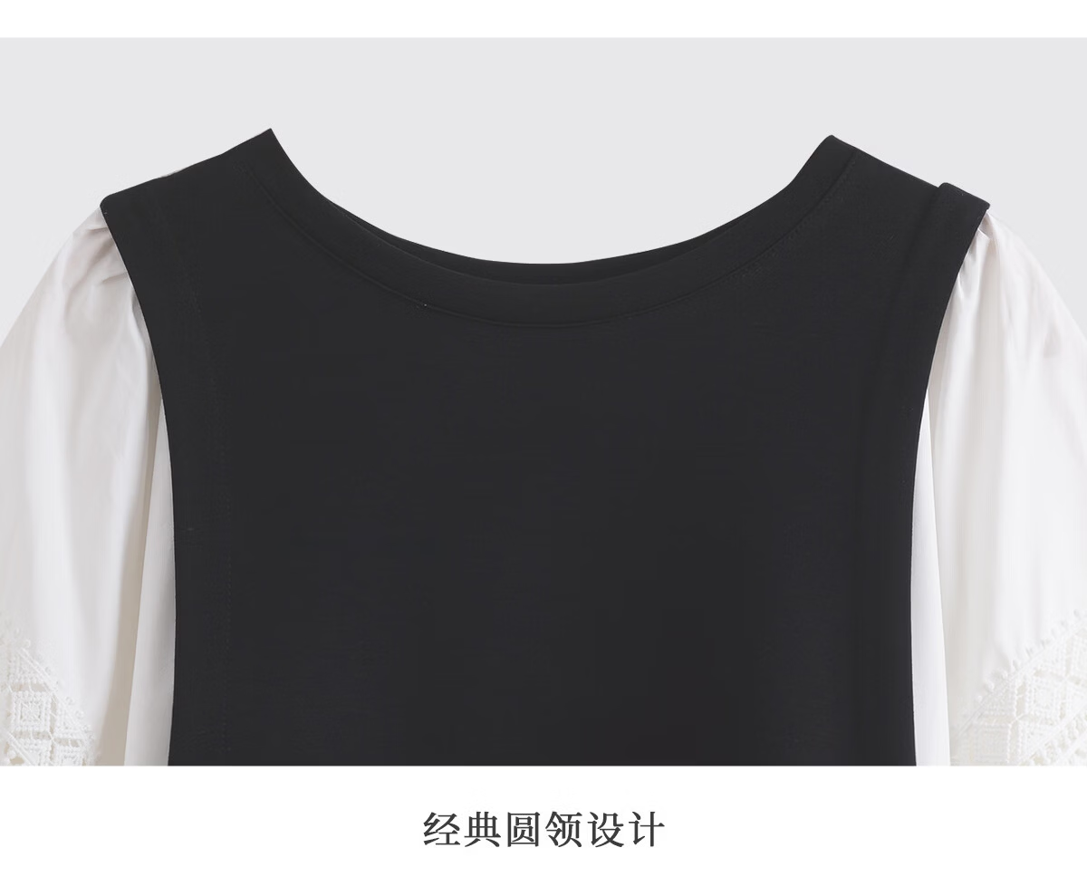 Olrain French Elegant Lace Splice Black Dress Women Vintage High-End Black and White L 13