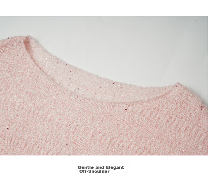 Olrain Oureier Off-Shoulder Hollow Out Loose Pullover Knitwear Women's Spring New Elegant Top Pink M 22