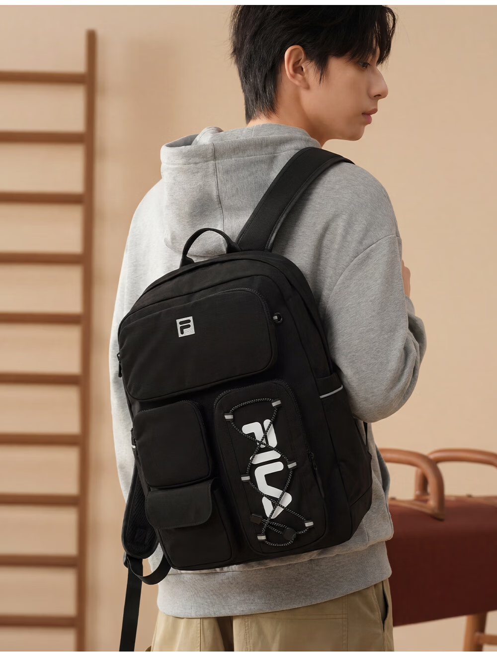 FILA Yi Yangqianxi Men's Multi-Pocket Gym Sports Daily Backpack Laptop School Bag 14