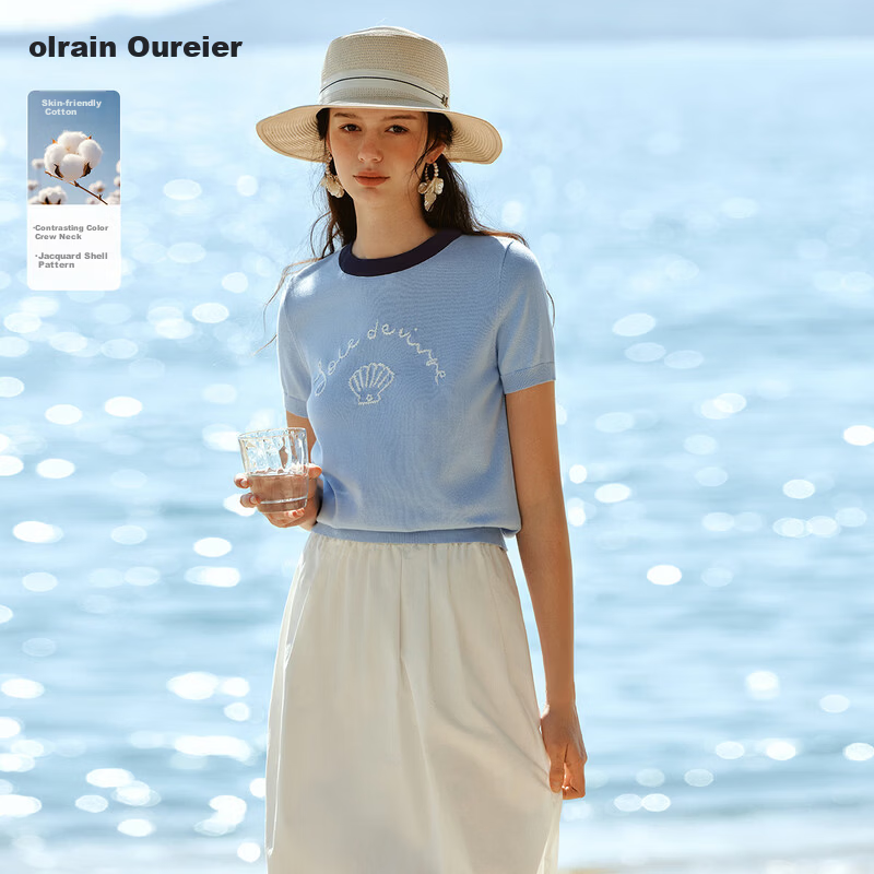 Olrain New Summer Jacquard Embroidered Round Neck Casual Short Sleeve Knit Pullover Top for Women Blue L