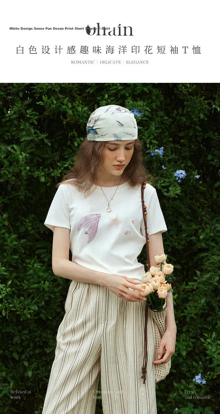 Olrain Eurielle Summer New Fun Colorblock Ocean Print Crew Neck Short Sleeve T-Shirt Women Casual Top White M 1