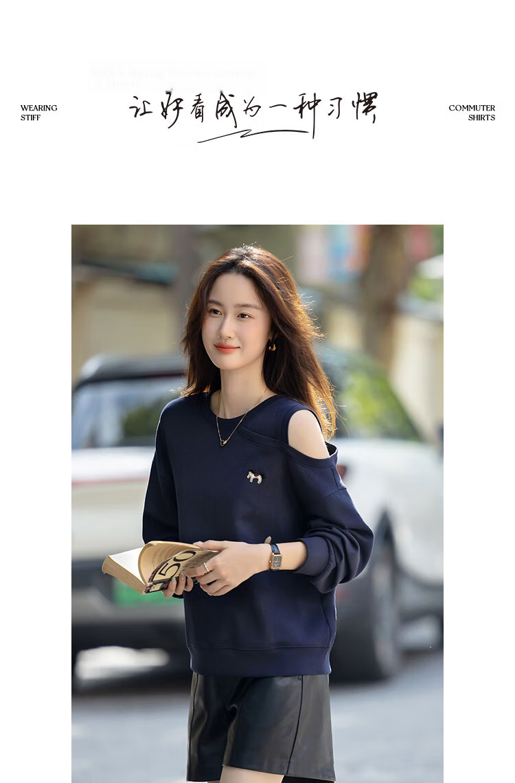 Demana [Relaxed Life] Autumn Simple Style Cloud Oxygen Cotton Off-Shoulder Embroidered Loose Fit Petite Elegant Sweatshirt for Women 11