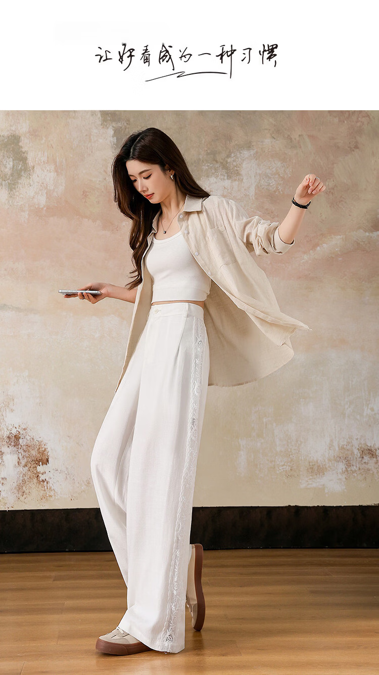 Demana [Linen Lyocell Blend] Spring Artistic Lace Trim Drawstring Straight Loose Slimming Women's Casual Pants 1
