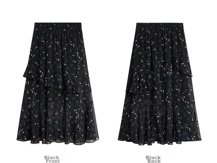 INMAN Ruffled Patchwork Floral Midi Skirt 26 Summer Women's New Elastic Waist Irregular Long Skirt Black M 20
