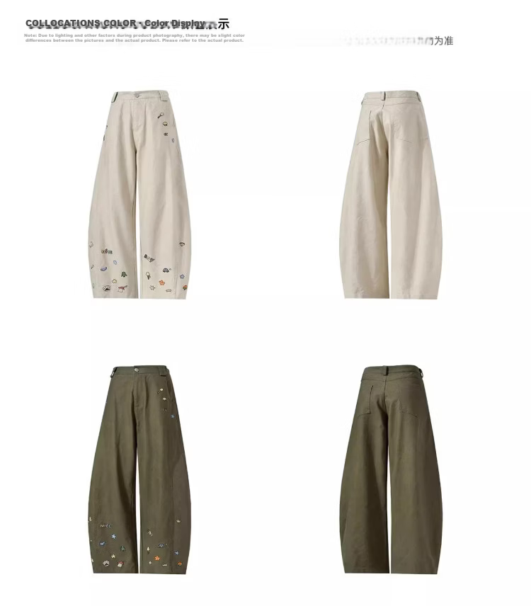 BEETLE TOWN Cartoon Embroidered Casual Pants for Women Spring Autumn 2025 New Loose Wide-Leg Curved Blade Pants Black M 3