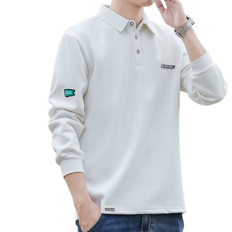 MARK FAIRWHALE Men's Sweatshirt Spring and Autumn American Casual Long Sleeve T-Shirt Polo Jacket White L