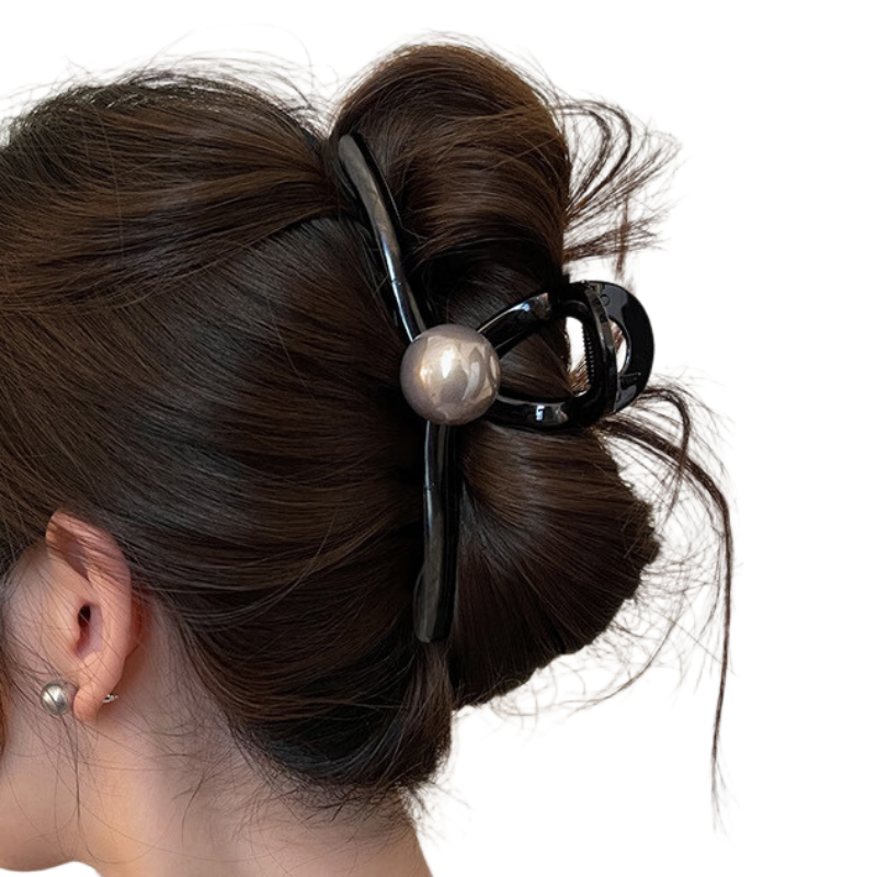 GECOMO Black Gray Pearl Hair Claw Clip for Women, New High-End Large Hair Clip, Shark Clip for Back of Head, Premium Hair Accessory
