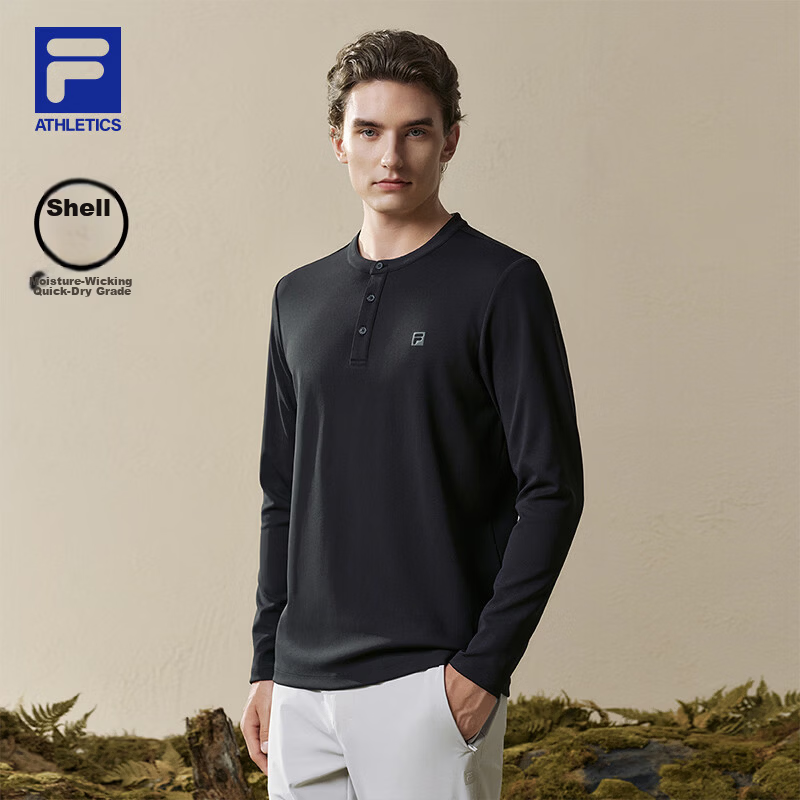 FILA Men's Knitted Long Sleeve T-Shirt 2026 Autumn Henry Collar Sports Fitness Quick-Dry Long Tee