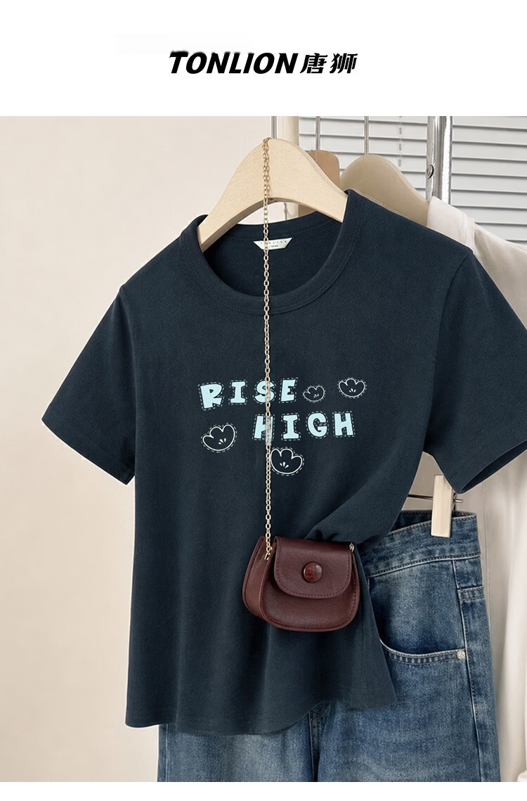 TonLion 2026 Summer New Women's Short Sleeve T-Shirt American Early Spring Stylish Navy Blue Slim Fit Top 1