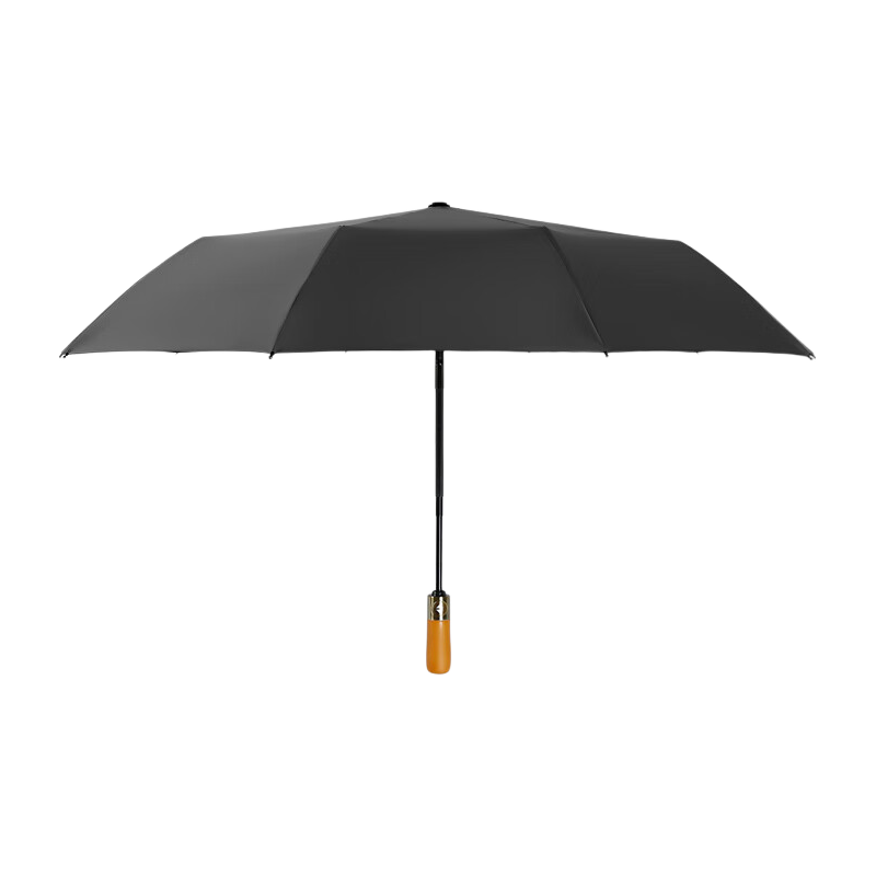 C'mon Fully Automatic Umbrella, Three-Fold Large Size, Sun Protection And Rain Use, for Men, Obsidian Black, 10 Ribs with Gold Ring And Wooden Handle, Automatic Umbrella