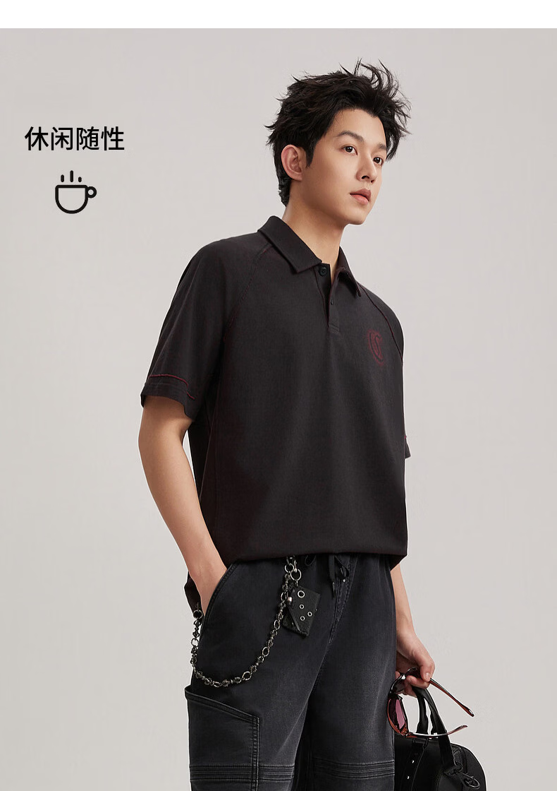 CABBEEN 100% Cotton Two-Tone Polo Shirt Men Low Saturation Vintage Burgundy 2026 Summer Breathable Short Sleeve Polo Shirt 16