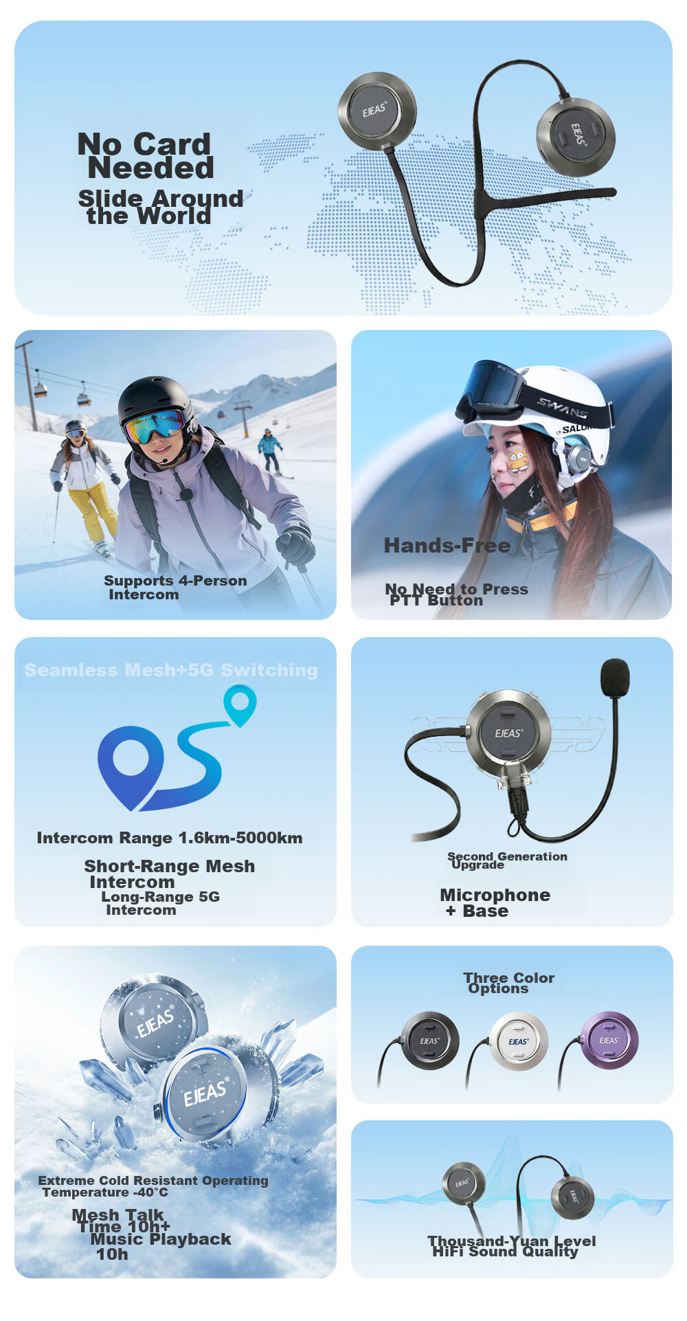 EJEAS S2 Low Temperature Edition Ski Walkie Talkie Mesh Helmet Bluetooth Headset Card-Free Multi-Person Real-Time Intercom 4