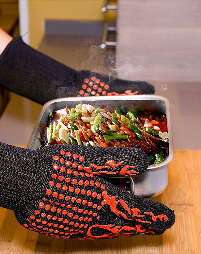 Huoyanzhanshi Heat-Resistant Gloves, 800-Degree Insulation Gloves, Flame-Retardant Fireproof Gloves, Industrial Yiqian Silk Fiber Silicone Gloves for Microwave Oven, Barbecue, Oven, Thickened Anti-Scalding Gloves 9
