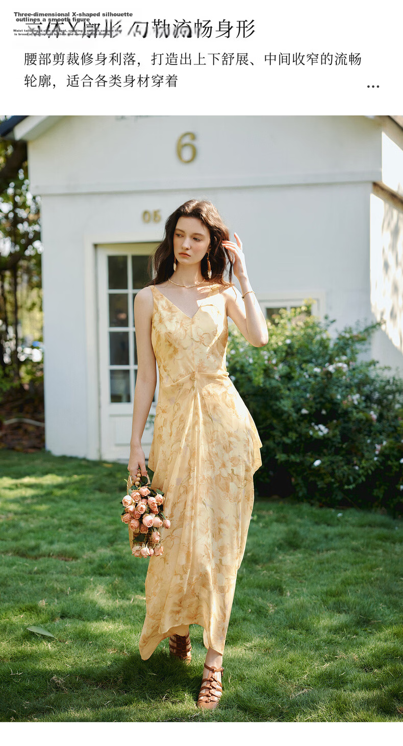Olrain Oureier Summer New V-Neck Vest Dress Layered Pleated Deconstructed Vacation Style Printed Long Dress Yellow M 3