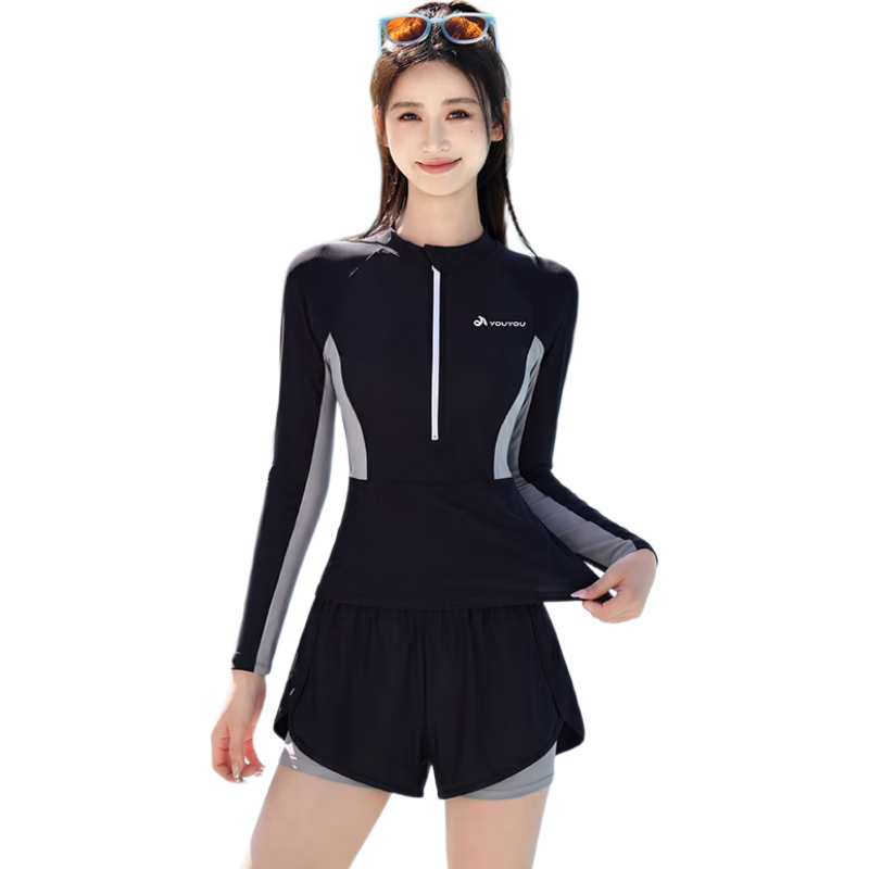 F.DYRAA Women's Two-Piece Long Sleeve Conservative Slimming Swimsuit Set for Swimming Pool and Hot Springs 3-Piece Set 15153 Black L