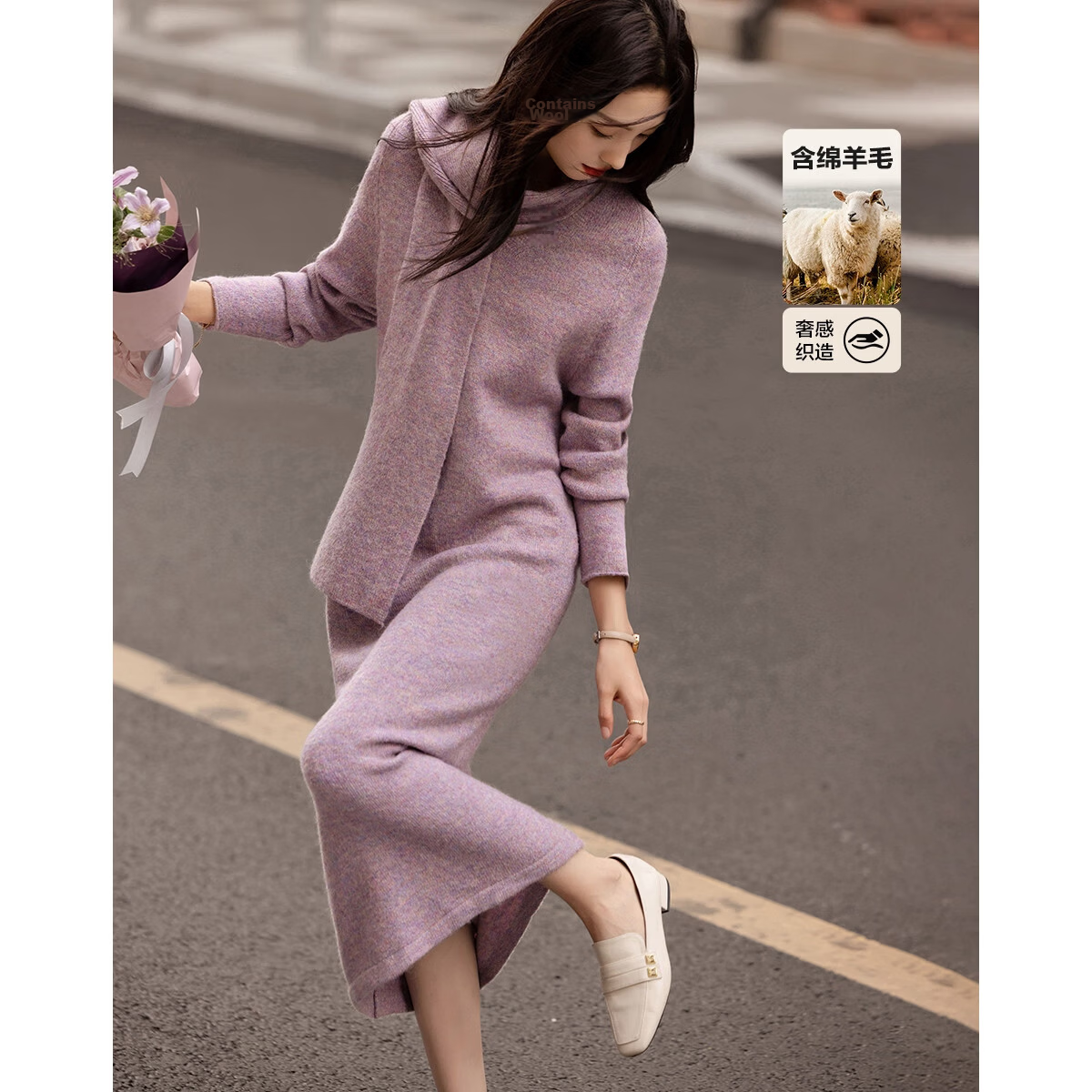 Demana Removable Scarf Winter Elegant Light V-Neck Wool Blend Straight Knit Mid-Length Dress for Women