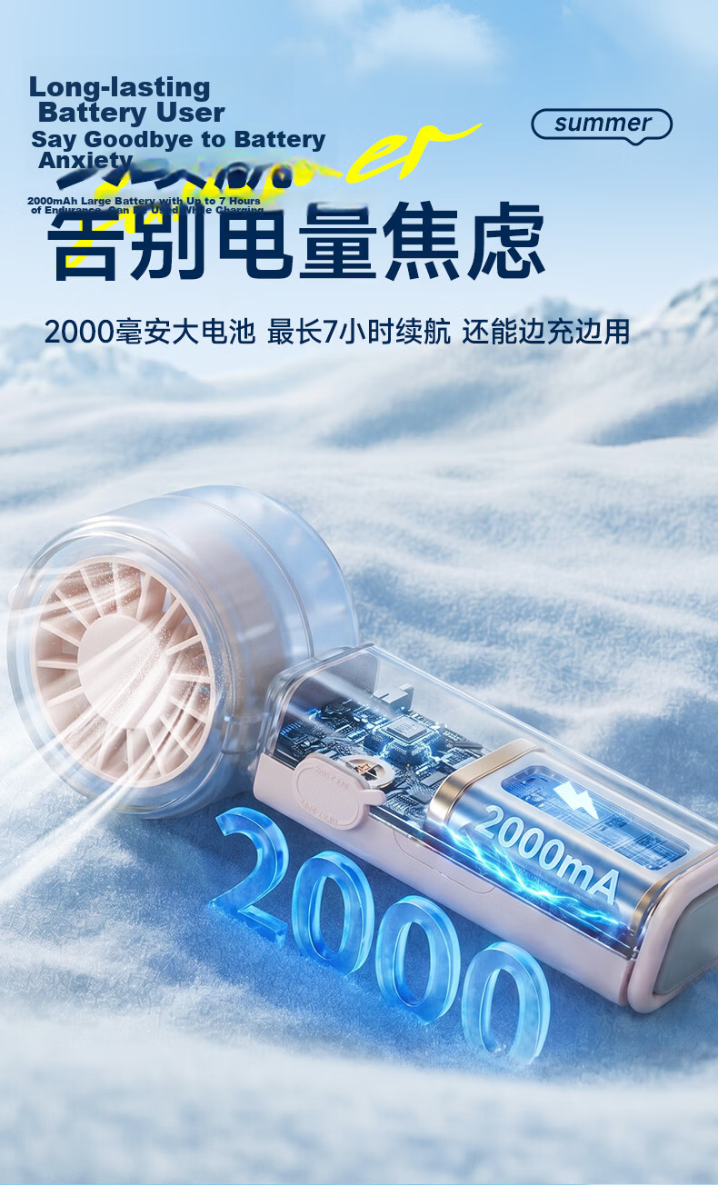 M&G Variety Show Same Style Mini Fan Mist Cooling Handheld Fan Home Desktop Neck Hanging Waist Quiet Outdoor Portable Rechargeable Long Battery Life Mini Fan ARC925FE Mint Green 8