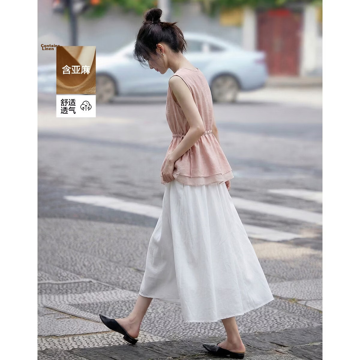 Demana [With Linen] Summer National Style New Chinese Round Neck Asymmetric Double-Layer Spliced A-Line Slimming Shirt for Women Premium Feel