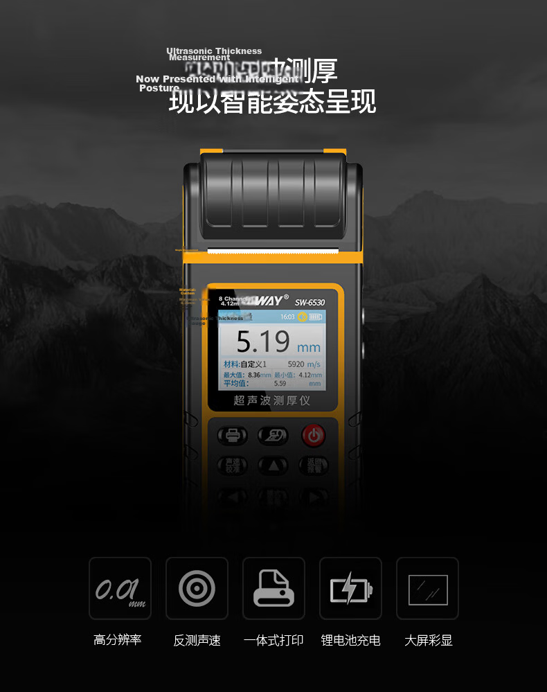 Shendawei Ultrasonic Thickness Gauge High-Precision Thickness Measurement Flat Head Digital Probe Metal Plate with Printer SW-6530 4