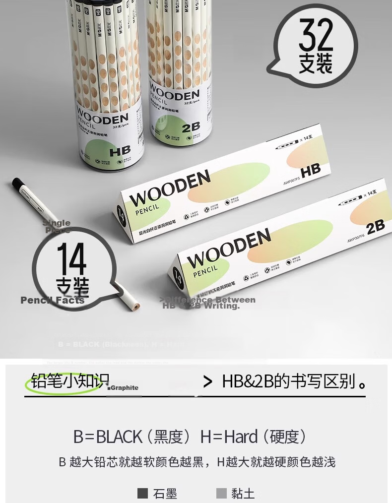 M&G White Barrel Hole Pencil for Primary School Students Grade 1 Hole Pencil Kindergarten Beginner HB Pencil 2B Barrel Pack 32 Pieces Corrective Grip Pen 7