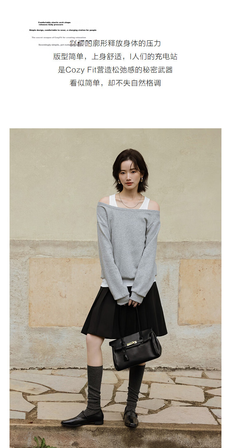Demana [Comfort Elastic Air Layer] Spring Lazy Style Two-Piece Illusion Off-Shoulder Loose Slimming Concealing Sweatshirt for Women Premium Feel 5