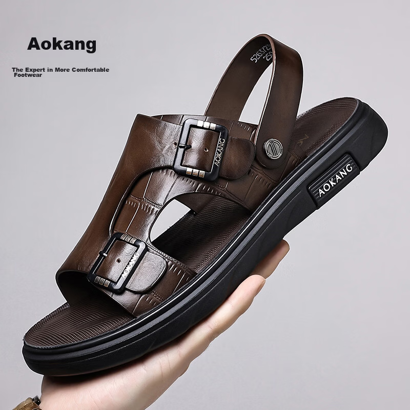 Aokang First Layer Cowhide Men's 2026 New Summer Breathable Leather Sandals Black 38