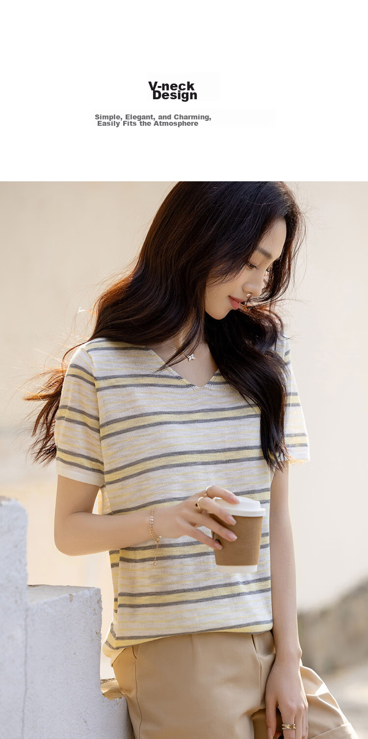 Demana [with Lyocell] Summer Lightweight V-Neck Striped Color-Block Short Sleeve Slim Fit Petite Knit Top for Women Premium Quality 7