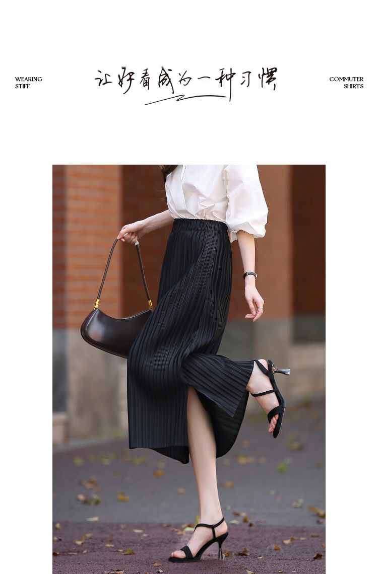 Demana Arc Light Silhouette Spring Autumn Intellectual Style Elastic Waist Pleated Skirt Irregular Print Split Women's Midi Skirt 16