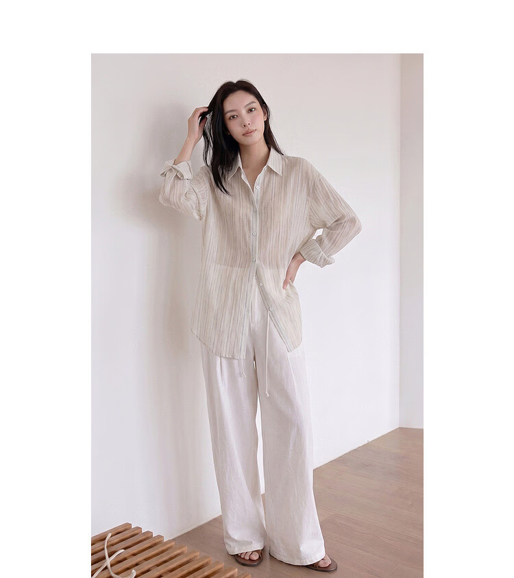Dme [Lightweight Lyocell] Autumn Lightweight Commuter Striped Textured Lapel Long-Sleeve Loose Draping Women's Shirt for Layering 11