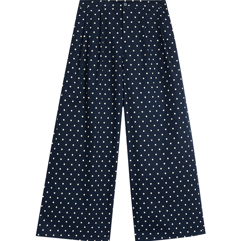 INMAN Linen Cotton Vintage Polka Dot Loose Wide-Leg Pants 26 Summer Women's New Elastic Waist Long Pants Black and White Polka Dot S