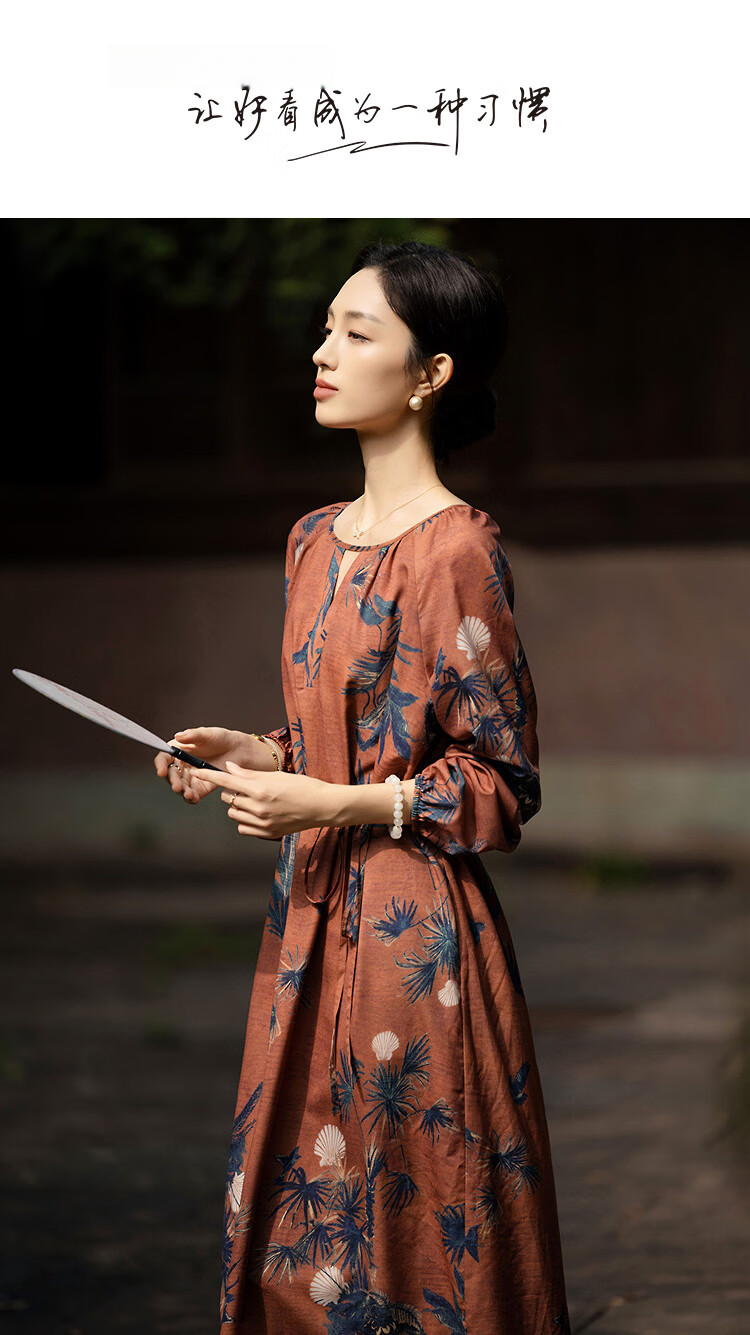 Demana Soft Mist Gloss Spring Romantic Elegant Crew Neck Printed Slit A-Line Petite Loose Women's Dress 1