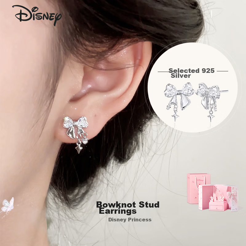 Disney Women's Silver Stud Earrings Elegant Birthday Gift for Girlfriend Luxury Feel Jewelry