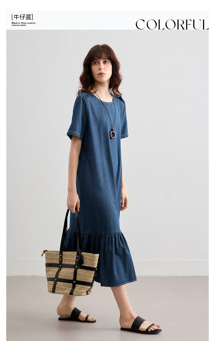 Demana Natural Cloud Oxygen Cotton Summer Vintage Casual Washed Round Neck Ruffle A-Line Slimming Women's Denim Dress 3