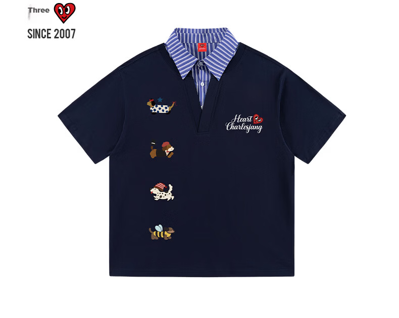 Charles Peach Heart Fake Two-Piece Cartoon Graffiti Tie Print Unisex Cotton Couple Short Sleeve Polo Shirt Off-White XS 5