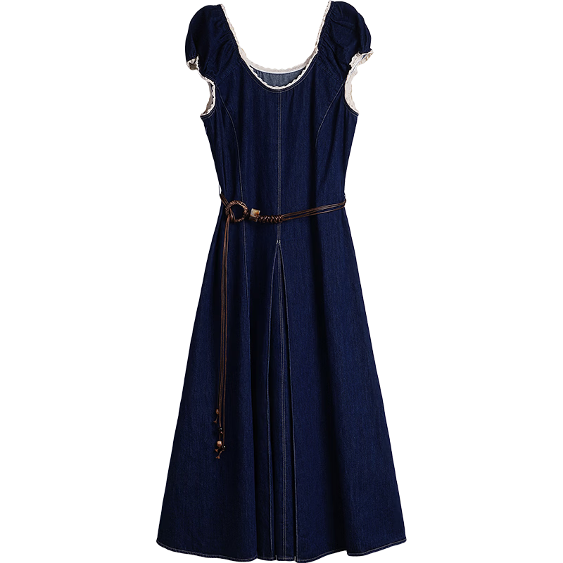 Olrain Eurielle Summer New Retro U-Neck Waist-Slimming Fitted Versatile Denim Dress for Women Denim Blue S