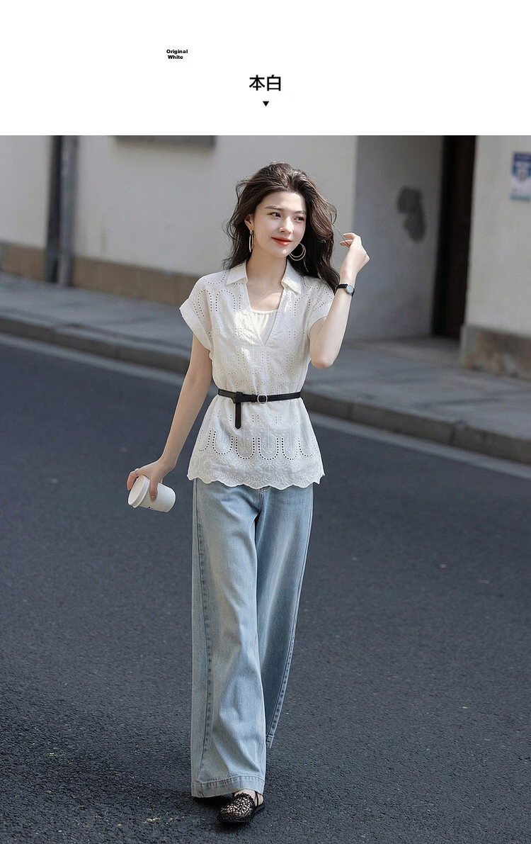 Demana Pure Cotton Light Life Summer V-Neck Lace Embroidered Shirt Color-Block Belted Short Sleeve Blouse for Women 9