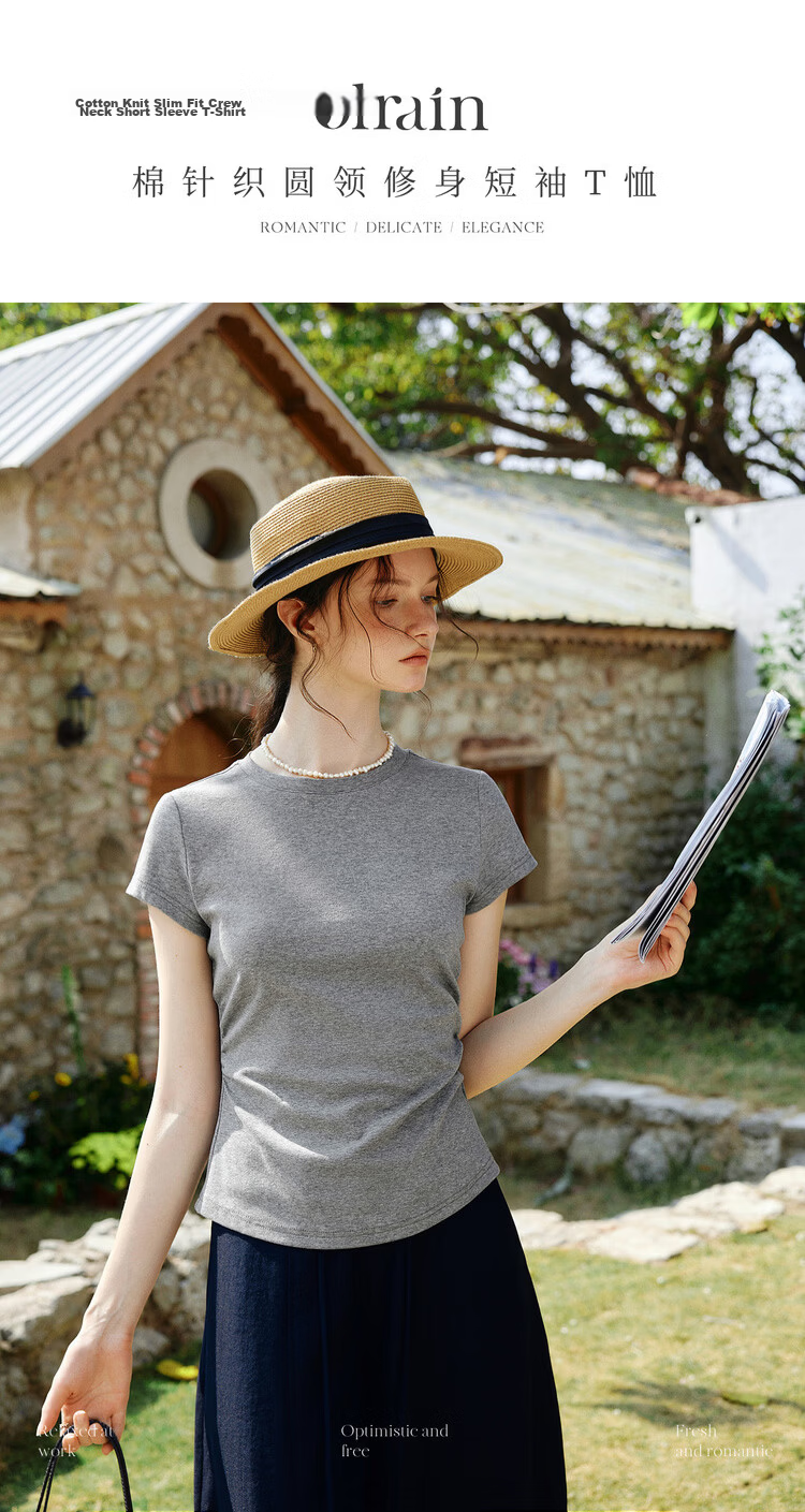Olrain Eurielle New Summer Slim Fit Waist Round Neck Casual Cotton Knit Short Sleeve T-Shirt for Women Gray M 1