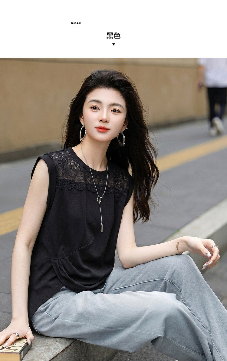 Demana [Cooling Black Technology Sorona] Summer Elegant Lace Splice Crew Neck Pleated Hem Short Sleeve Women's T-Shirt 9