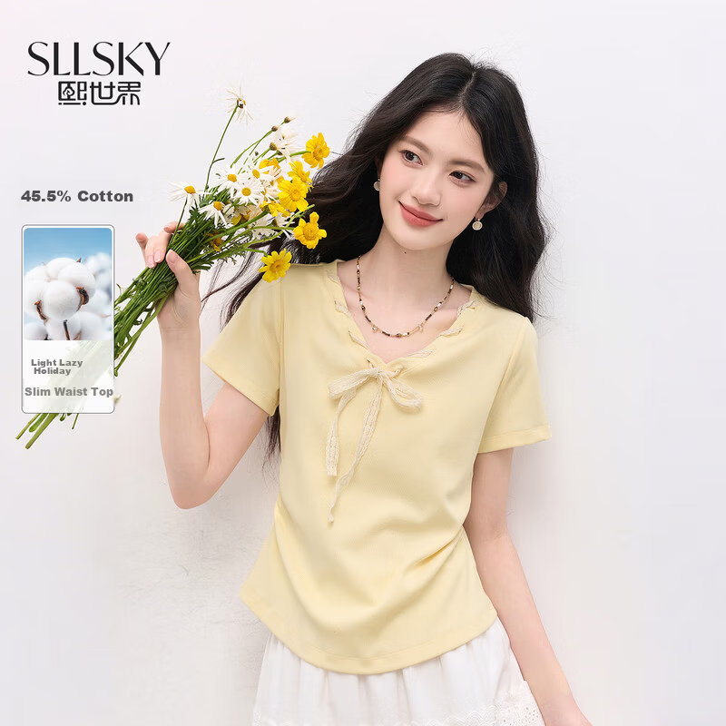 Sllsky Yellow Bow Tie V-Neck Short Sleeve T-Shirt Summer Women's Stylish Waist-Cinching Top