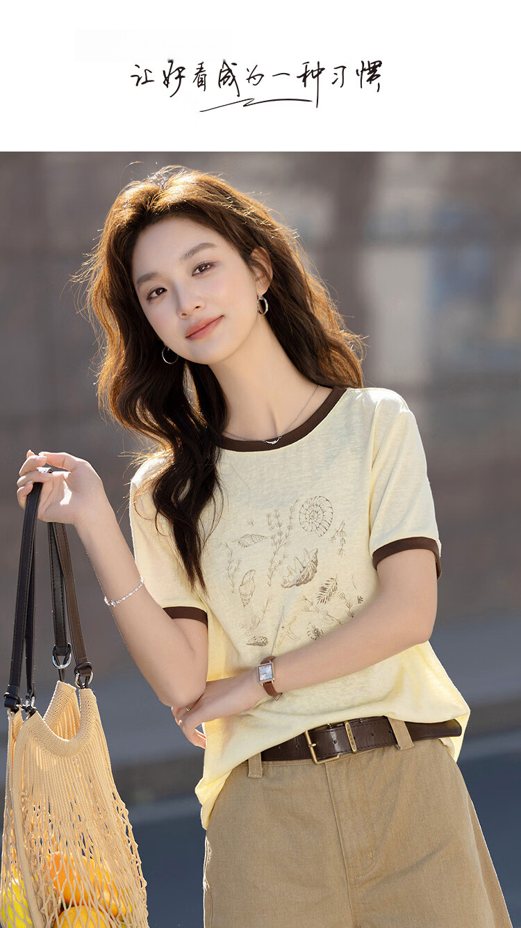 Demana [with Tencel Cotton] Summer Breathable Colorblock Crew Neck Printed Slim Fit Comfortable Casual Women's T-Shirt 1