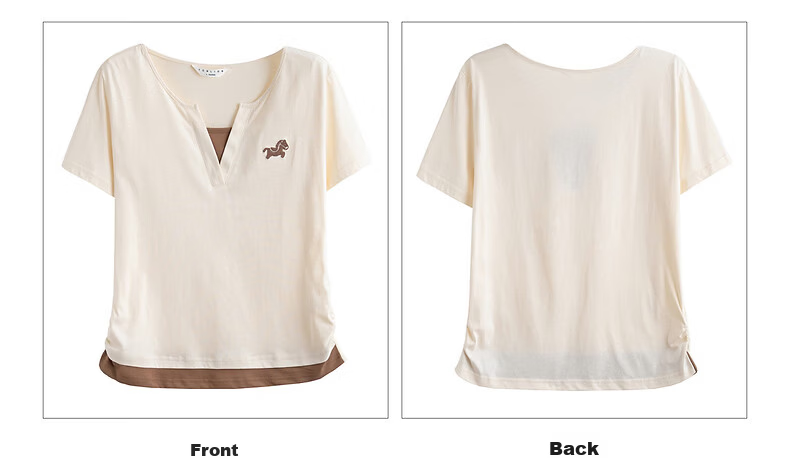 TonLion 2026 Summer Women's Color-Block Short Sleeve T-Shirt, Faux Two-Piece Spliced Casual Versatile Premium Women's Tee 15