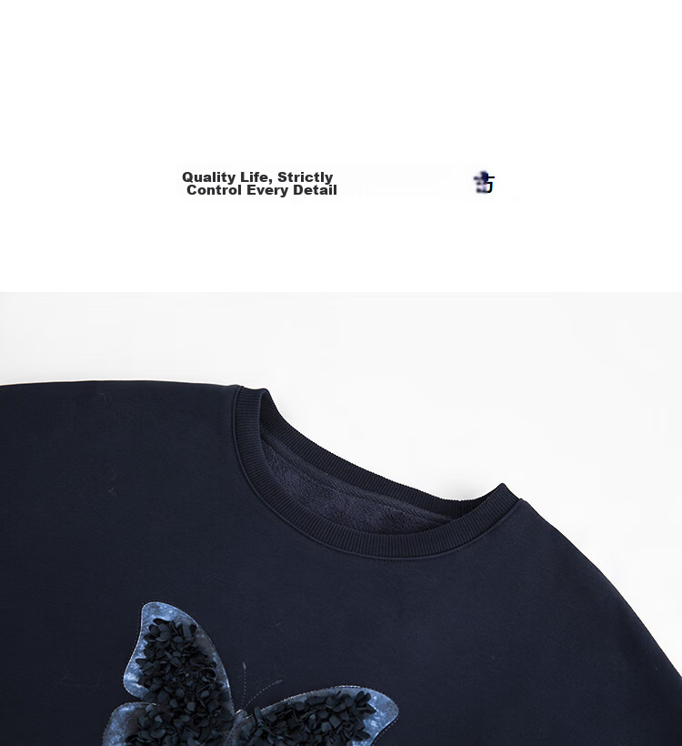 Demana [350G Thermal Outlet Fleece] Winter Crew Neck 3D Floral Butterfly Embroidered Loose Sweatshirt Top 15