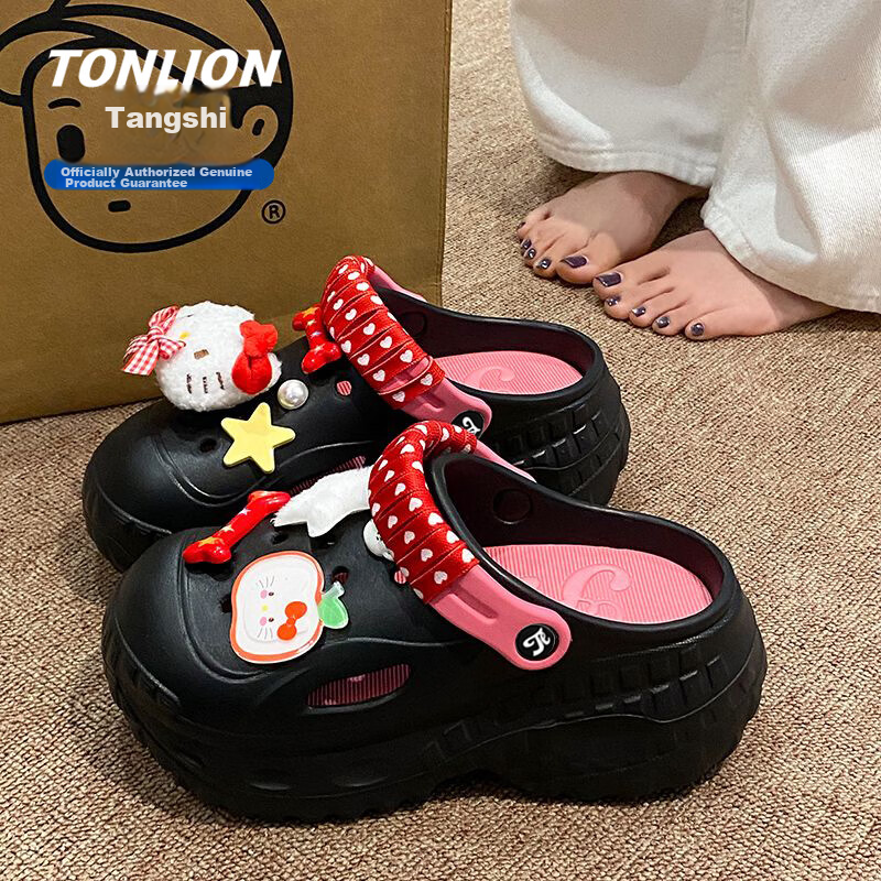 TonLion Women's Summer 2026 Hole Shoes Thick Sole Dual-Purpose Beach Sandals Trendy Black Size 38/39